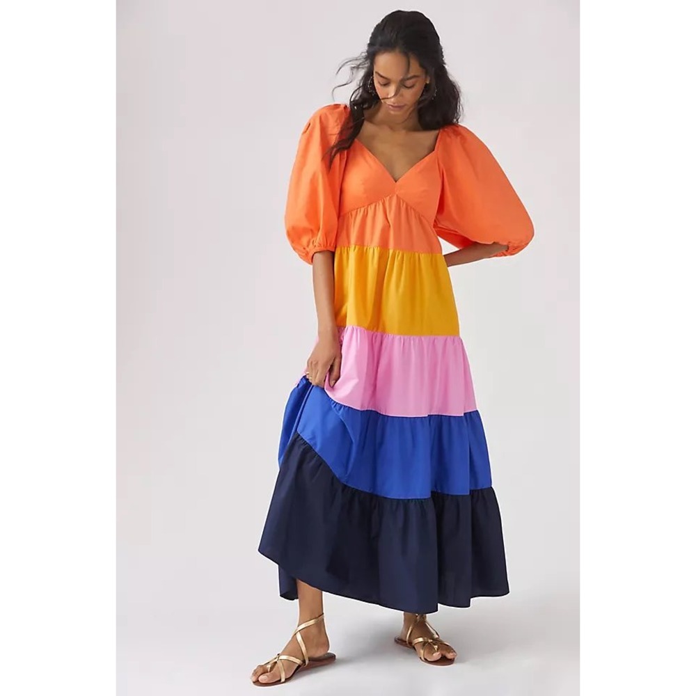 Farm Rio for Anthropologie Colorblock Tiered Maxi Dress Orange Pink Blue Small